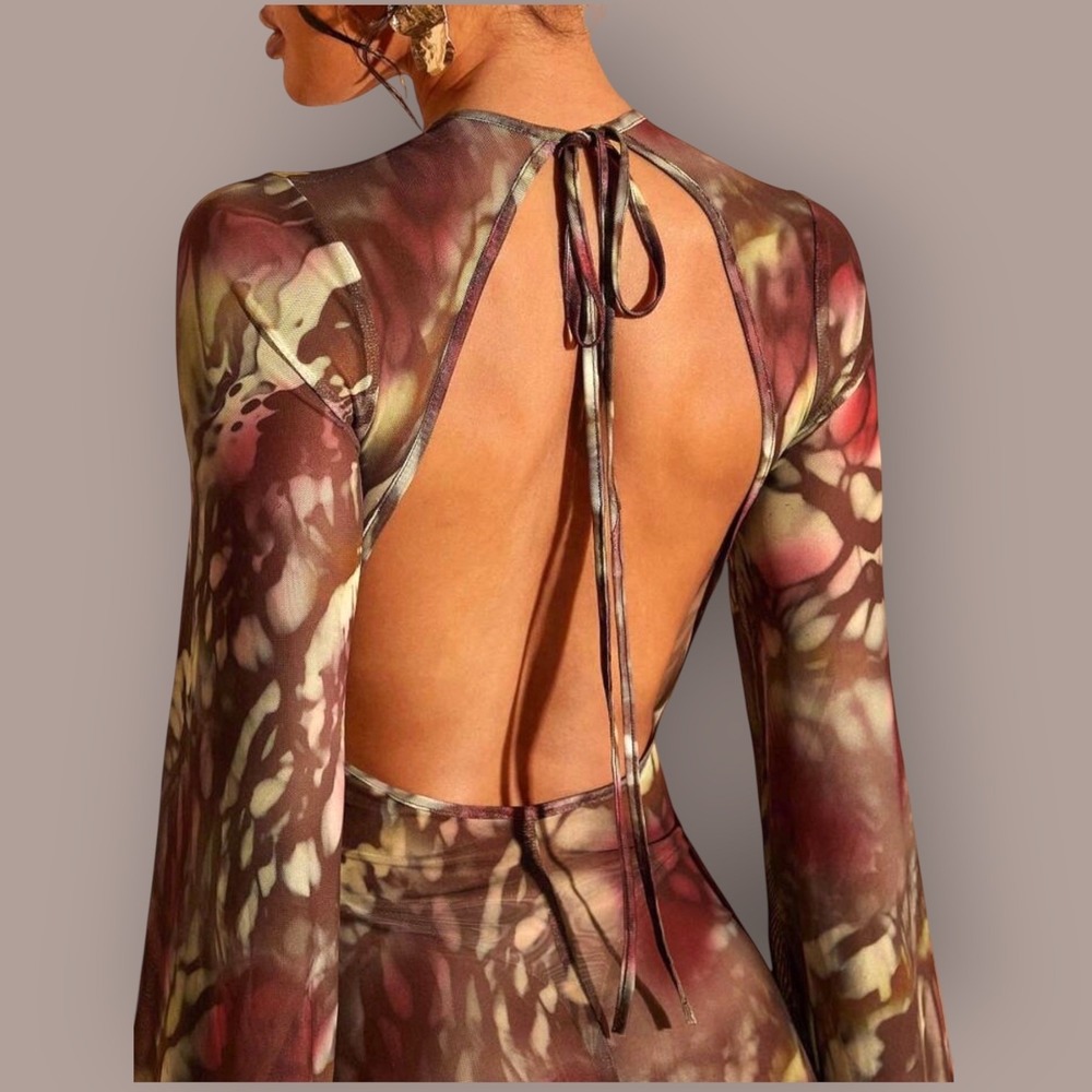 Sheer Mesh Abstract Print Maxi Dress Open Back Tie Neck Bell Sleeve Boho Y2K M/L - Picture 5 of 16